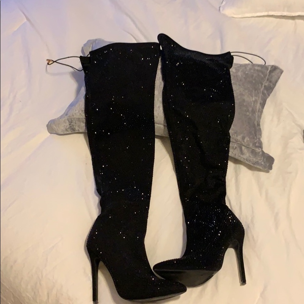 Black Rhinestone Thigh High High Heel Boot